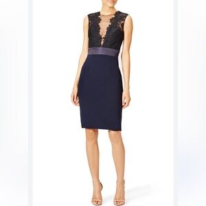 Theia Navy and Black Lace Pencil Dress